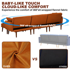 Convertible Sectional Sofa, Velvet Sleeper Couch Bed with 3-Level Reclining Backrest, Storage & Ottoman, Orange