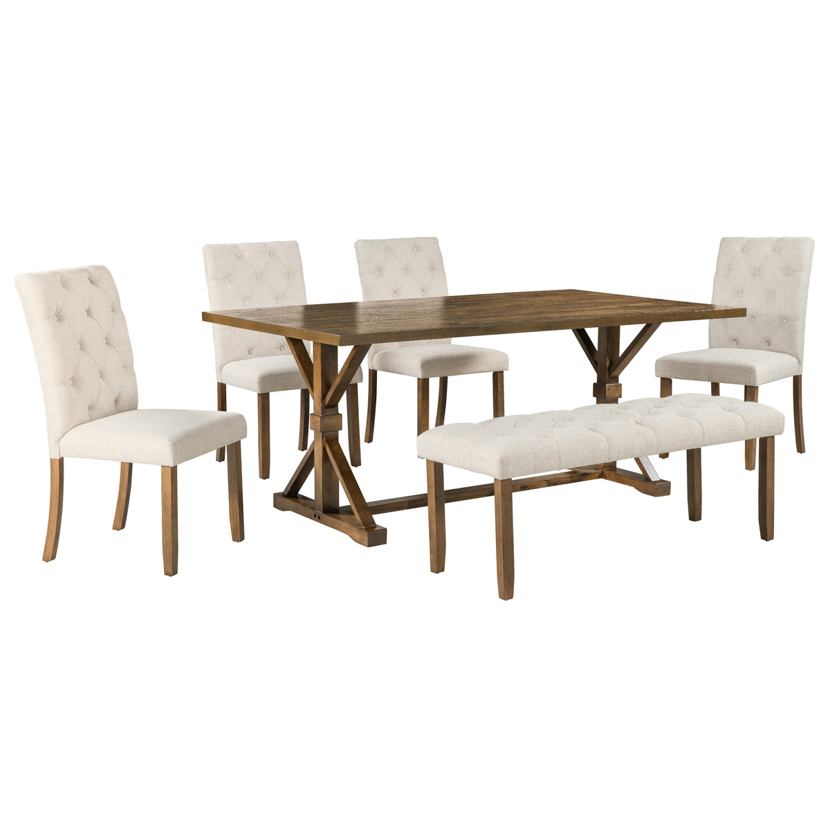 6-Piece Farmhouse Dining Table Set with 72" Wood Rectangular Table, 4 Upholstered Chairs & Bench (Walnut)