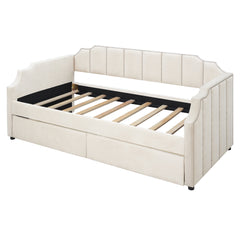NOBLEMOOD Twin Size Upholstered Daybed with Two Storage Drawers for Kids Bedroom,Solid Wooden Bedframe w/Strong Wood Slat Support & Safety Guardrails, Beige