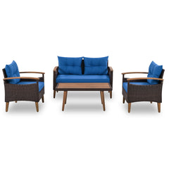 4-Piece Outdoor Sofa Set with Wood Table and Legs, Blue Cushions