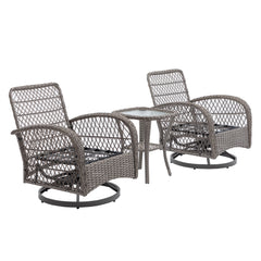 3 Pcs Outdoor Wicker Swivel Chair Set With Coffee Table and Gray Cushions