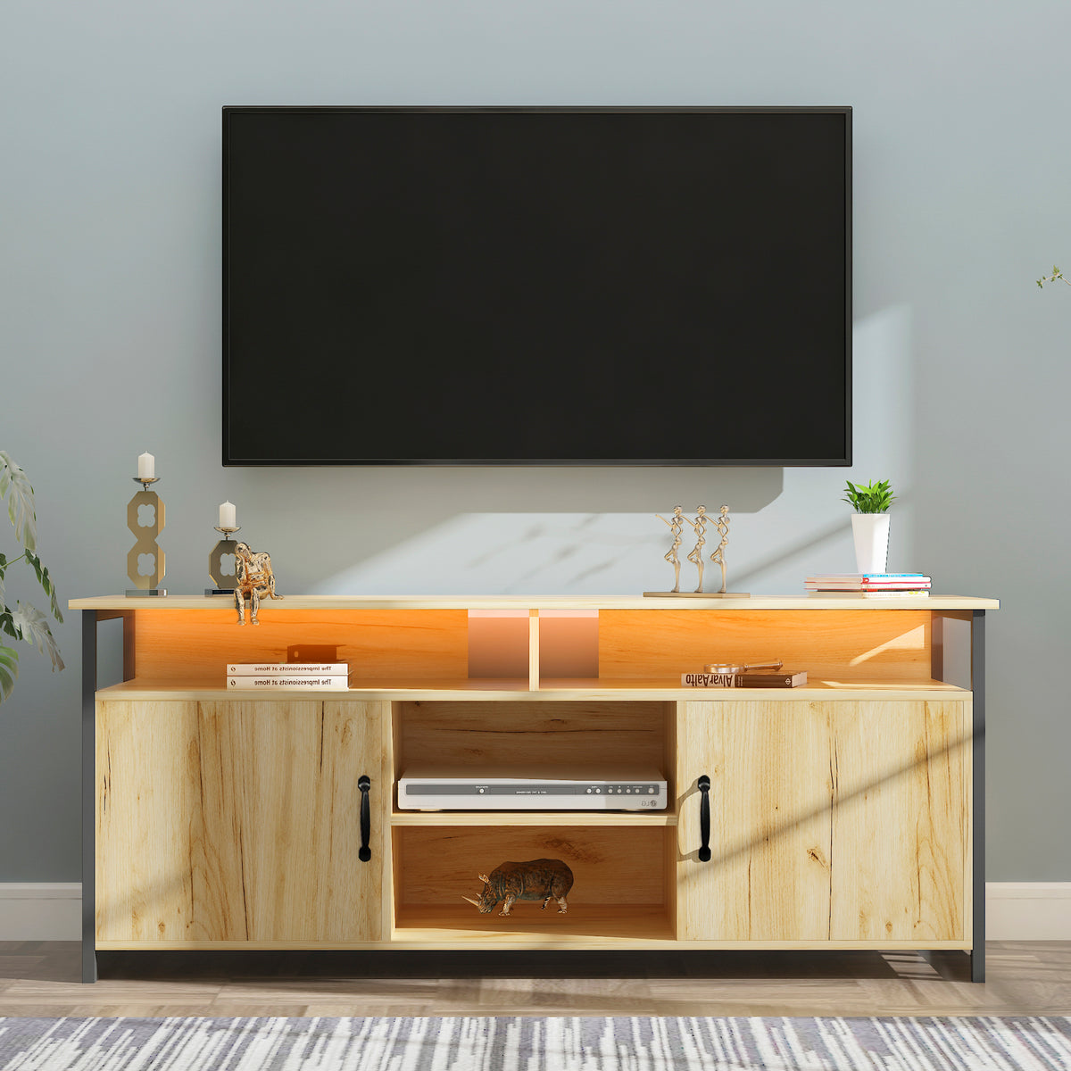 Modern Wood TV Stand with Metal Legs, Oak