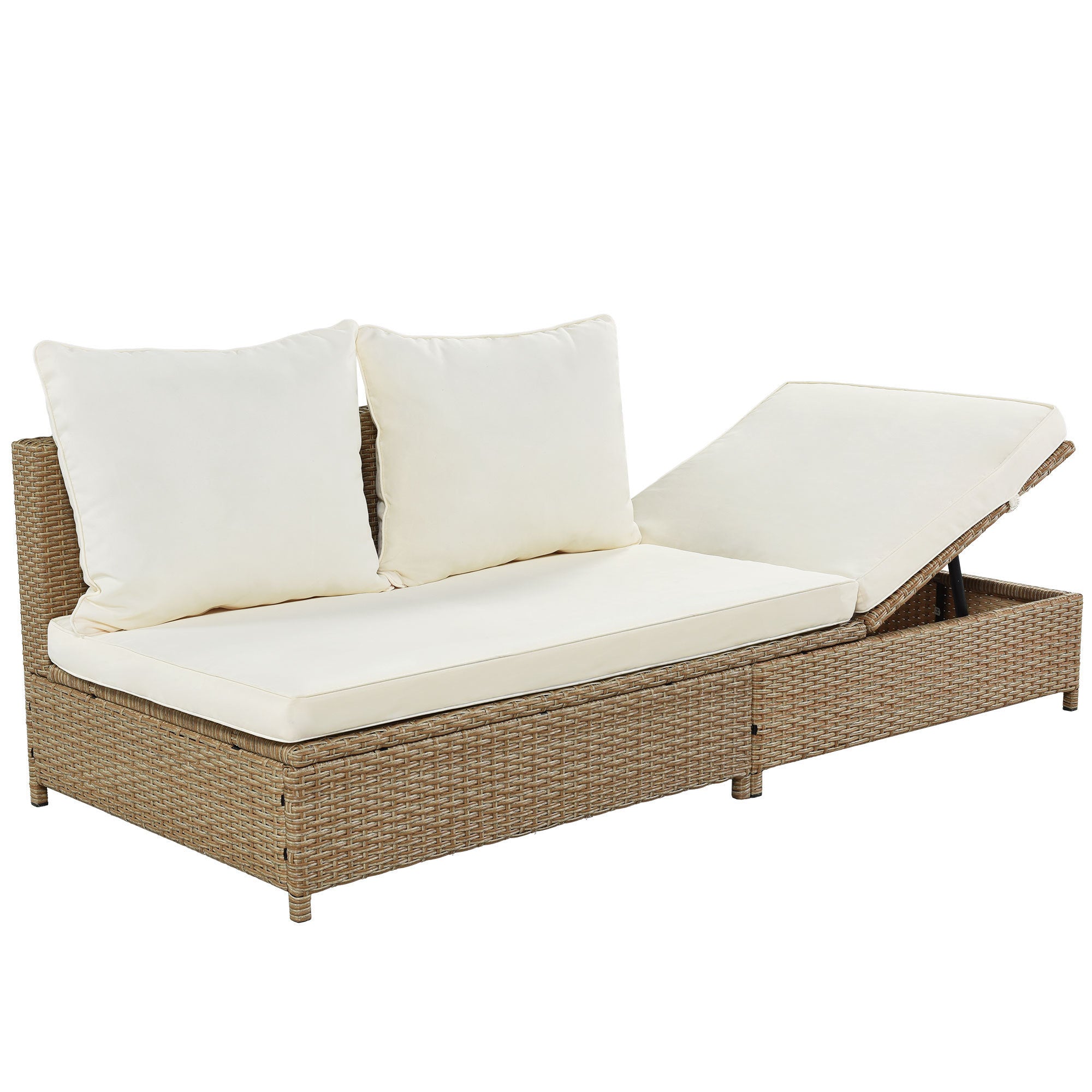 3-Piece Patio Rattan Sofa Set with Adjustable Chaise Lounge and Tempered Glass Table, Natural Brown+ Beige Cushion