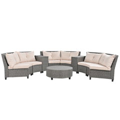 6 Person Half-Moon Rattan Sectional Sofa with Cushions and Table