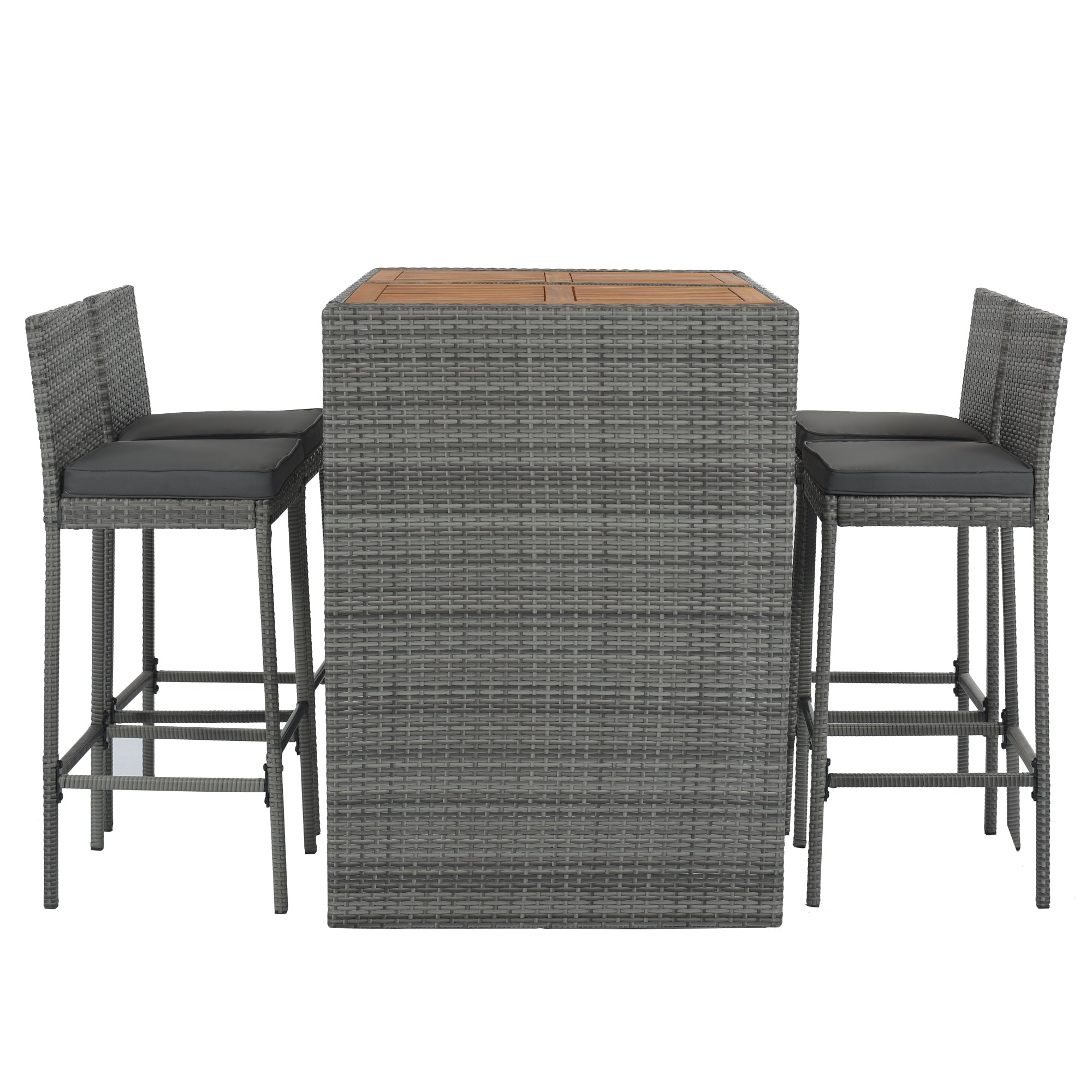 5-pieces Patio Wicker Bar Set, Bar Height Chairs With Non-Slip Feet And Fixed Rope, Removable Cushion, Acacia Wood Table Top, Brown Wood And Gray Wicker