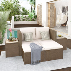 6-Piece Outdoor Rattan Sectional Sofa Set with 2 Tea Tables, Brown Wicker+Beige Cushion