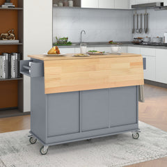 52.7" Rolling Mobile Kitchen Island with Solid Wood Top, Locking Wheels, Storage Cabinet, Drop Leaf Breakfast Bar, Spice Rack, Towel Rack & Drawer, Grey Blue