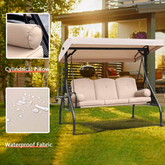 3-Seat Outdoor Porch Swing Chair, Canopy Porch Swing Bed with 2 Foldable Side Trays, 3 Cushions & 2 Pillows, Khaki