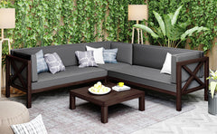4-Piece Outdoor Wood Sectional Sofa with Cushions and Table X-Back Sofa Set, Brown Finish+Gray Cushions