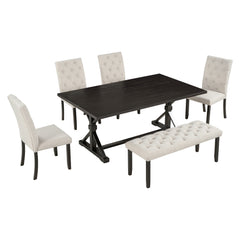 6-Piece Farmhouse Dining Table Set with 72" Wood Rectangular Table, 4 Upholstered Chairs & Bench (Espresso)