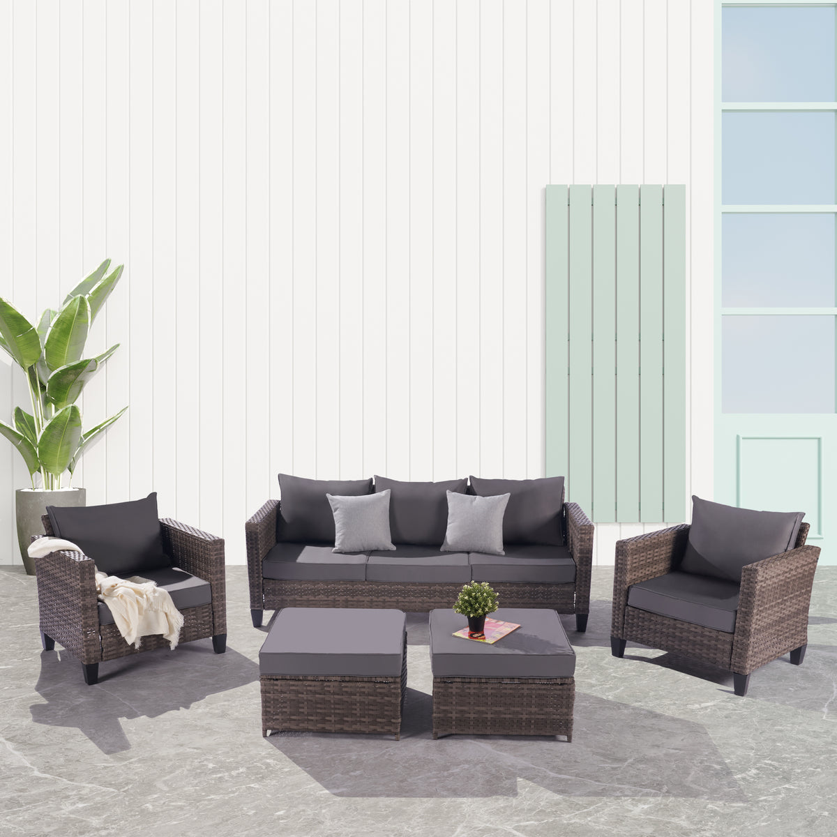 5 Pcs Outdoor Sectional Sofa with Ottomans and Cushions