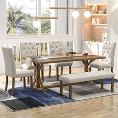 6-Piece Farmhouse Dining Table Set with 72" Wood Rectangular Table, 4 Upholstered Chairs & Bench (Walnut)