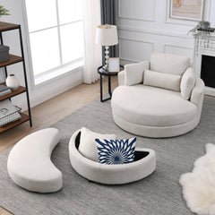 Swivel Accent Barrel Modern Sofa Lounge Club Big Round Chair with Storage Ottoman, Pillows, Beige