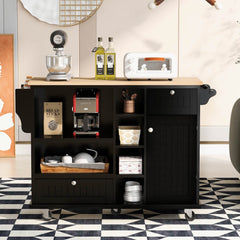 Kitchen Island Cart with Storage Cabinet & Two Locking Wheels, Solid Wood Desktop, Microwave Cabinet, Black