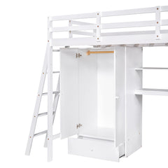 Twin Size Loft Bed with Wardrobe and Drawers, attached Desk with Shelves, White