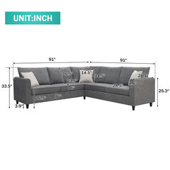 Modern Upholstered Sectional Sofa, L Shape Furniture Couch with 3 Pillows