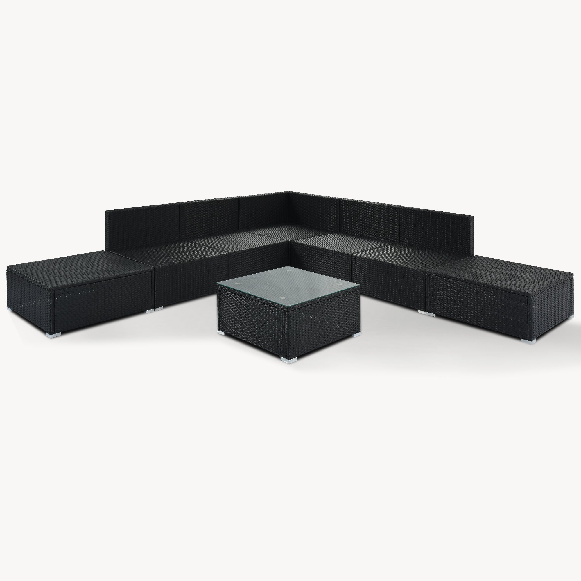 8-Pieces Garden Conversation Wicker Sofa Set, Single Sofa Combinable, Gray Cushions Black Wicker