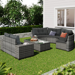 8-pieces Outdoor Wicker Round Sofa Set, Half-Moon Sectional Sets With Coffee Table, Movable Cushion, Gray