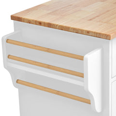 53" Kitchen Island Cart with Rubber Wood Desktop, 5 Storage Draws, Spice Rack & Wheels, White