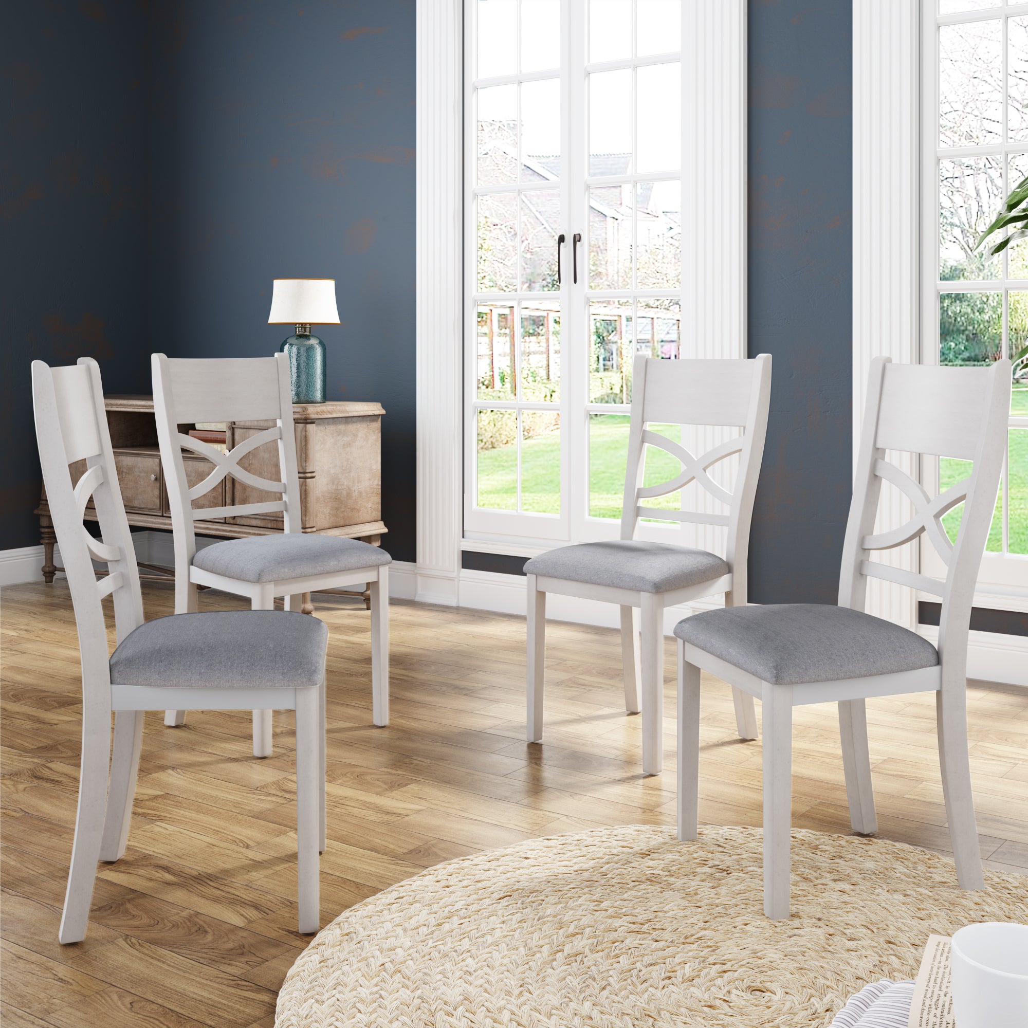 Farmhouse Rustic Wood 5-Piece Kitchen Dining Table Set with 4 Upholstered Padded Chairs, Light Gray+White