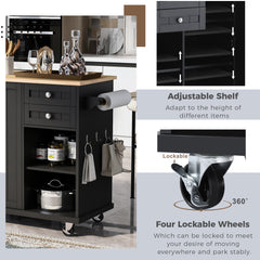 52.8" Width Kitchen Island Cart with Spice Rack, Towel Rack, Drawer, Rubber Wood Desktop & 5 Wheels Including 4 Lockable Wheels, Black