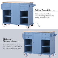 52.8" Width Kitchen Island Cart with Spice Rack, Towel Rack, Drawer, Rubber Wood Desktop & 5 Wheels Including 4 Lockable Wheels, Blue