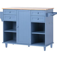 52.8" Width Kitchen Island Cart with Spice Rack, Towel Rack, Drawer, Rubber Wood Desktop & 5 Wheels Including 4 Lockable Wheels, Blue