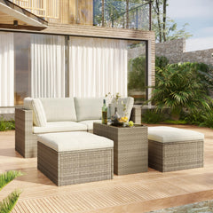 5-Piece Patio Wicker Sectional Sofa Set with Ottomans and Cushions, Brown Rattan