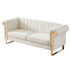 83" Modern Velvet Upholstered Sofa Couch with Gold Stainless Steel Legs, Beige