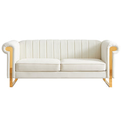 83" Modern Velvet Upholstered Sofa Couch with Gold Stainless Steel Legs, Beige