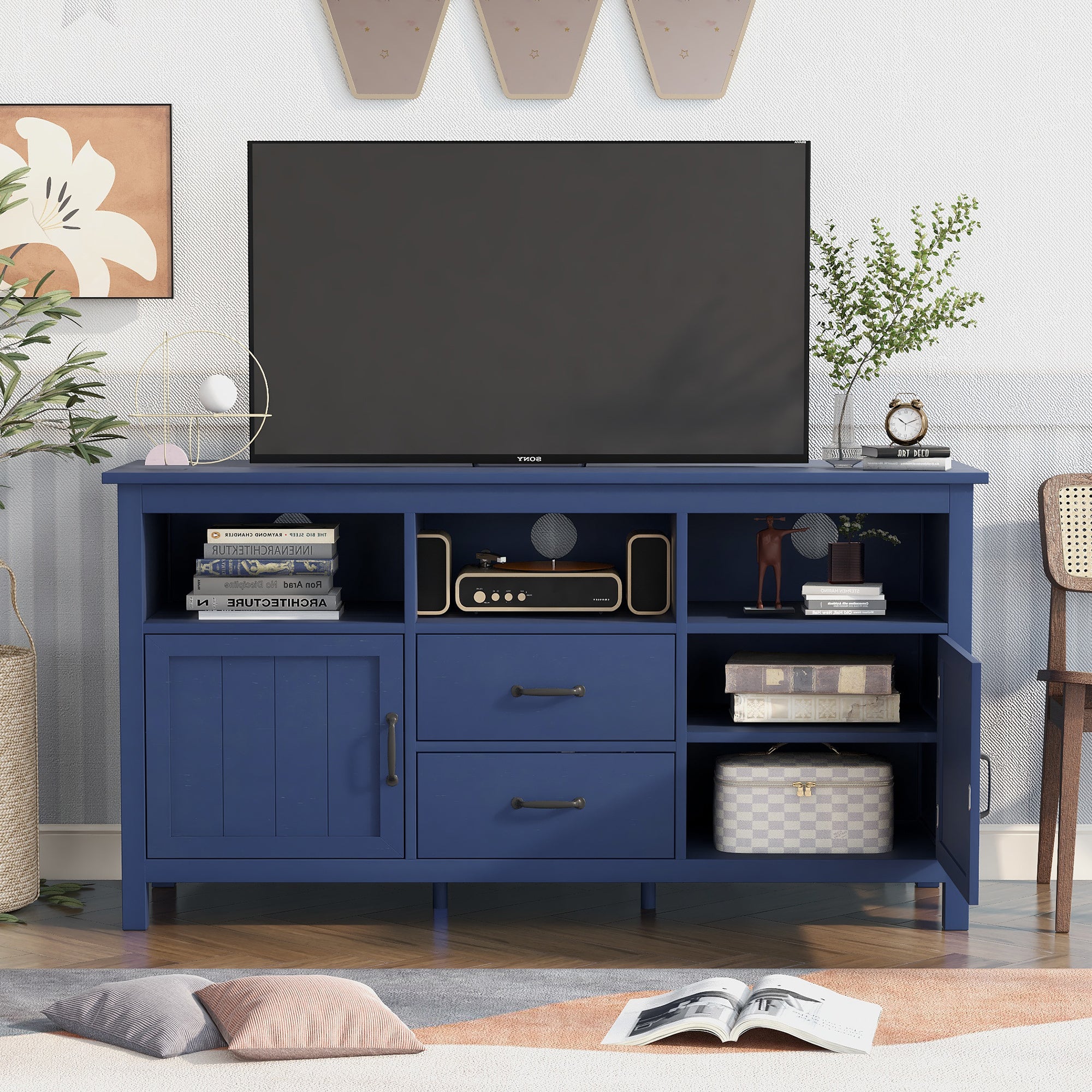 TV Stand with 2 Doors, 2 Drawers, Open Style Cabinet & Sideboard for TVs up to 68“, Navy