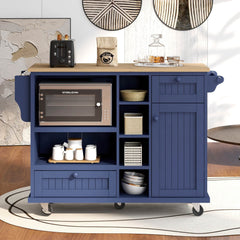 Kitchen Island Cart with Storage Cabinet & Two Locking Wheels, Solid Wood Desktop, Microwave Cabinet, Dark Blue