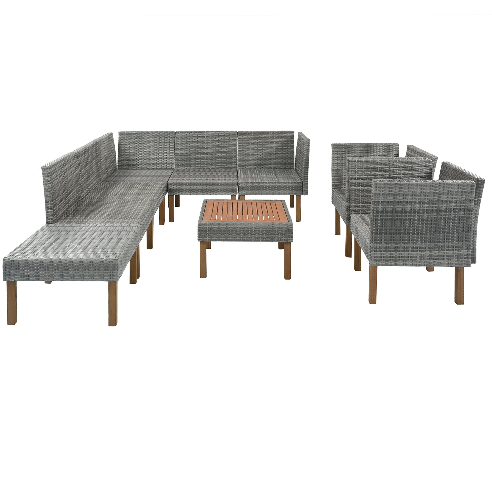 9-Piece Outdoor Gray PE Rattan Sofa Set with Wood Legs, Acacia Wood Tabletop, Armrest Chairs with Gray Cushions