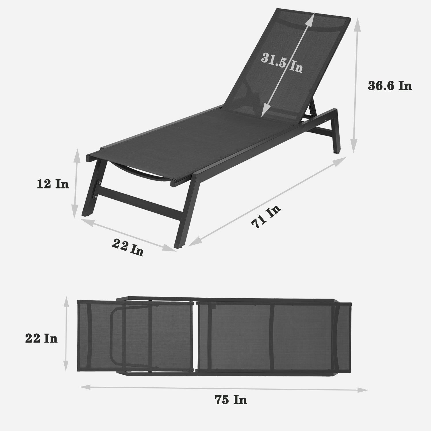 Outdoor Chaise Lounge Chair with 5-Position Adjustable Back, All Weather Aluminum Recliner, Black