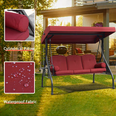3-Seat Outdoor Porch Swing Chair with Adjustable Canopy, 2 Foldable Side Trays, 3 Cushions & 2 Pillows, Wine Red