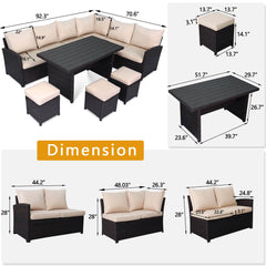 7 Pcs Patio Dining Set All Weather Outdoor Sectional Furniture With Ottoman & Cushion, Khaki