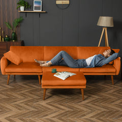 Convertible Sectional Sofa, Velvet Sleeper Couch Bed with 3-Level Reclining Backrest, Storage & Ottoman, Orange