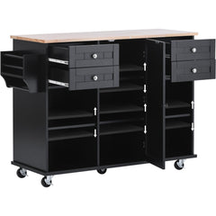 52.8" Width Kitchen Island Cart with Spice Rack, Towel Rack, Drawer, Rubber Wood Desktop & 5 Wheels Including 4 Lockable Wheels, Black