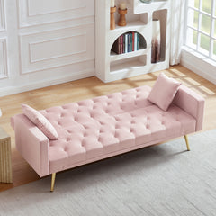 Convertible Futon Sofa Bed with Adjustable Backrest, Gold Metal Legs, Pink