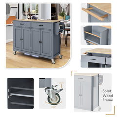 54.3" Kitchen Island Cart with Solid Wood Top, Locking Wheels, 4 Door Cabinets, Two Drawers, Spice Rack & Towel Rack, Grey Blue