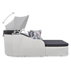 79.9" Outdoor Sunbed with Adjustable Canopy, Double lounge, PE Rattan Daybed, White Wicker, Gray Cushion