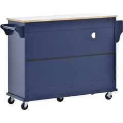 Kitchen Island Cart with Storage Cabinet & Two Locking Wheels, Solid Wood Desktop, Microwave Cabinet, Dark Blue