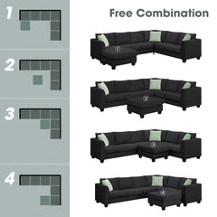 7 Pcs Living Room Sectional Sofa Couches with Ottoman, 3 Pillows, Black