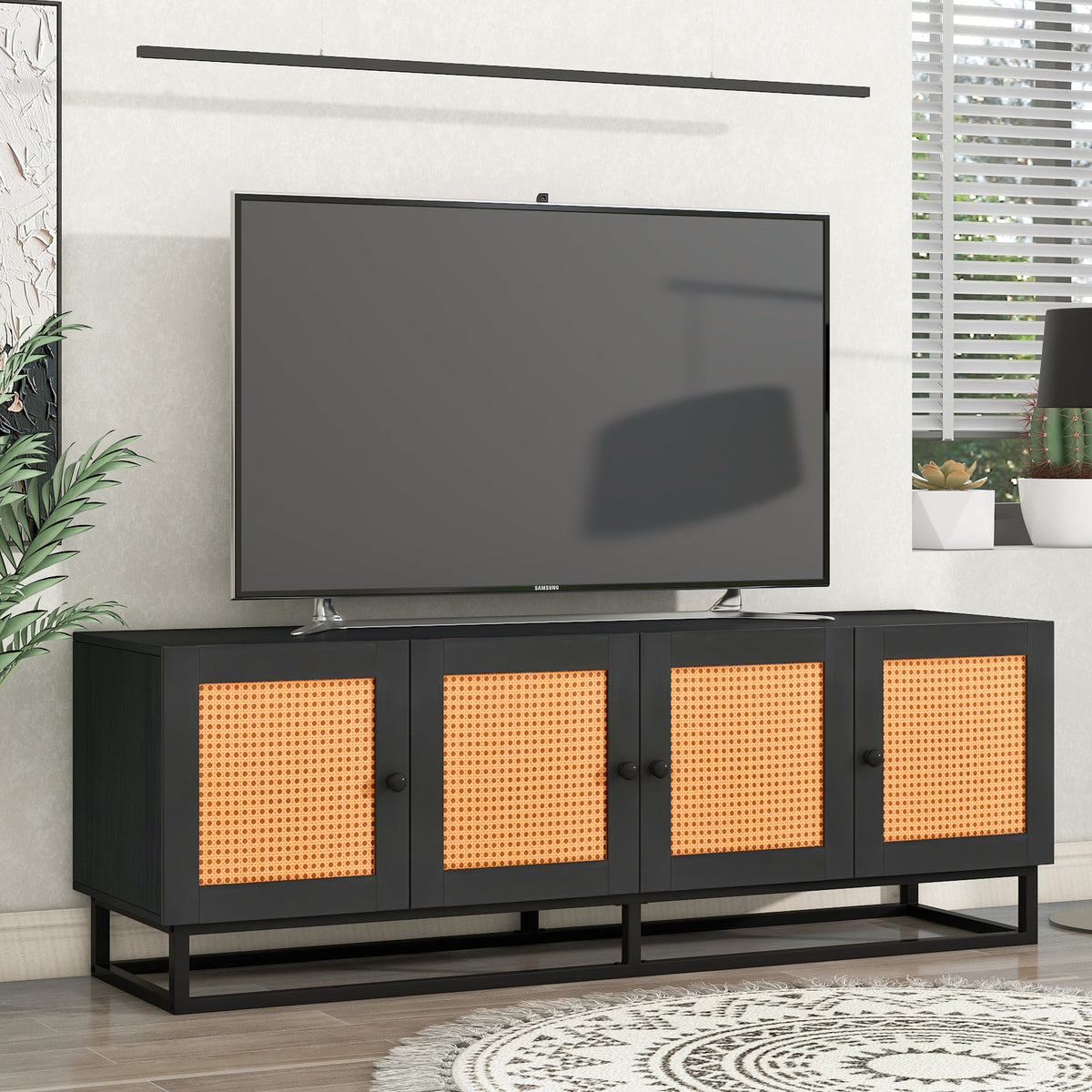 Wooden Farmhouse TV Stand Entertainment Cabinet with 4 Textured Rattan Doors & 2 Adjustable Panels for TVs up to 65 Inch, Espresso