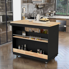 Rolling Mobile Kitchen Island with Solid Wood Top, 2 Drawers & Tableware Cabinet, Black