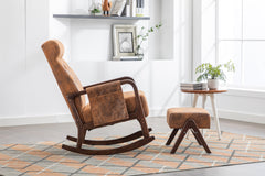 Mid-Century Rocking Chair with Ottoman & Thick Padded Cushion, Coffee