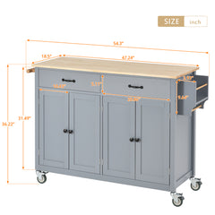 54.3" Kitchen Island Cart with Solid Wood Top, Locking Wheels, 4 Door Cabinets, Two Drawers, Spice Rack & Towel Rack, Grey Blue