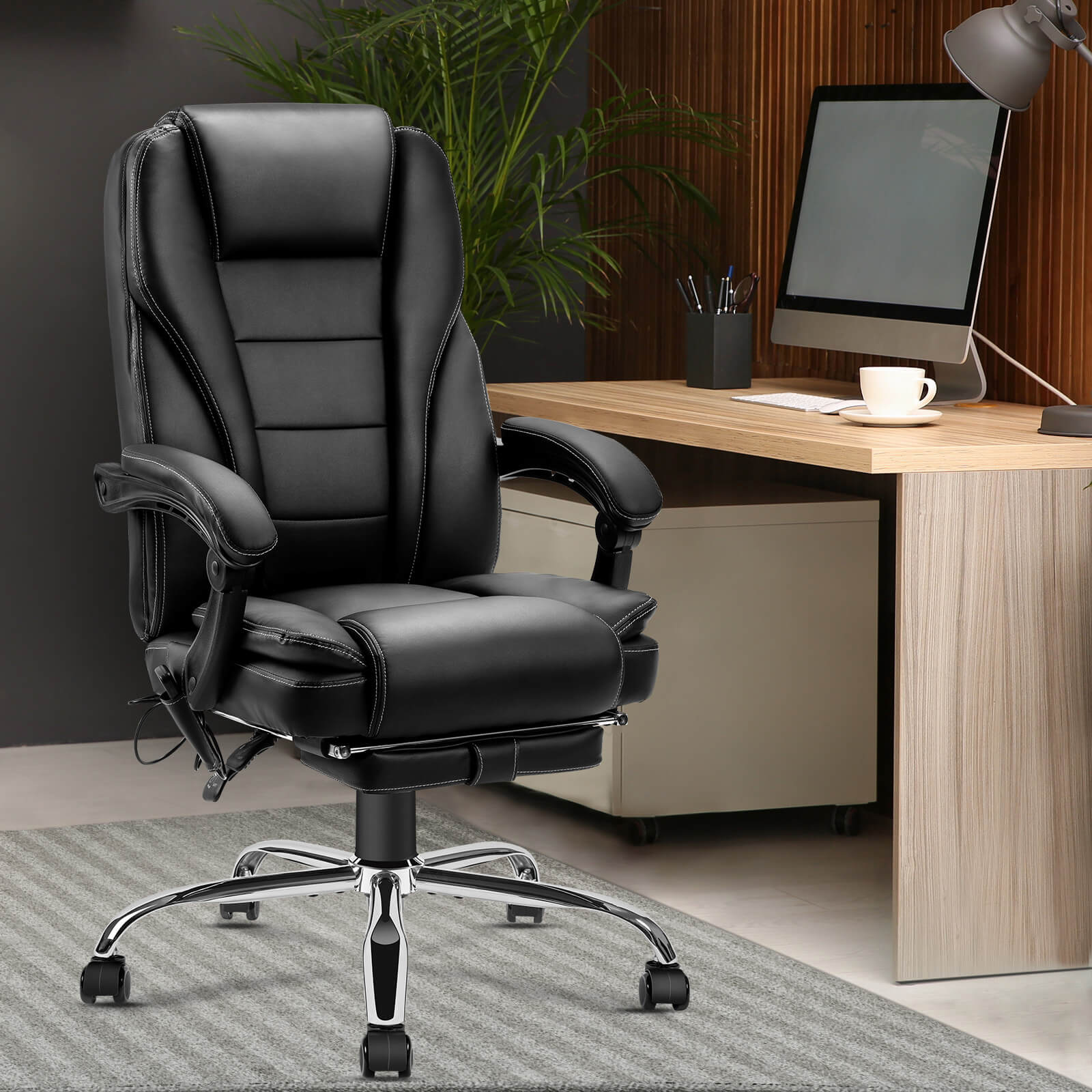 4 Points Massage Ergonomic Office Chair with Heating, Reclining Backrest, Footrest & Lumber Support Pillow, Black 4 Points Massage Ergonomic Office Chair with Heating, Reclining Backrest, Footrest & Lumber Support Pillow, Black