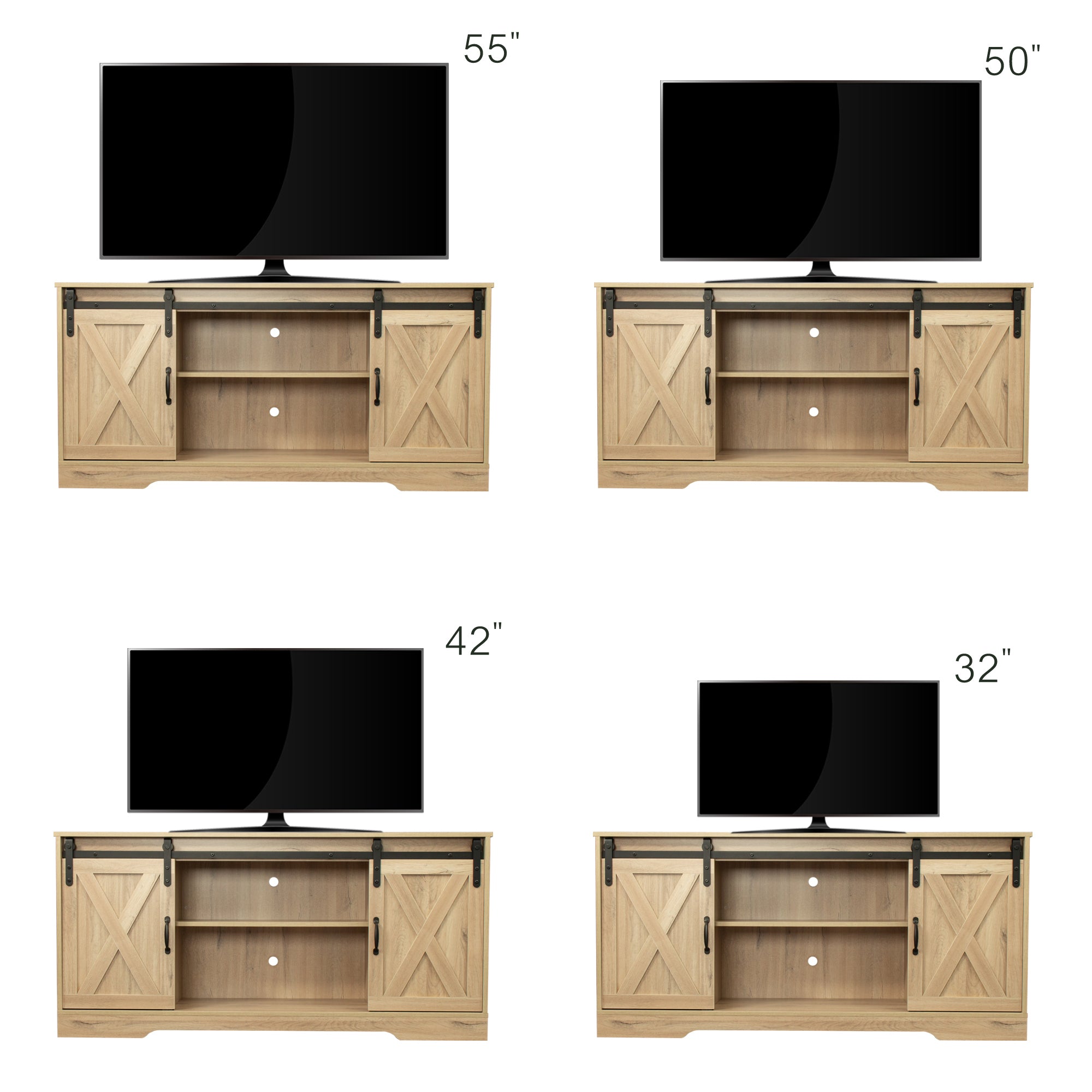 Modern & Farmhouse Wood TV Stand with Sliding Barn Doors for TVs Up to 65", Oak