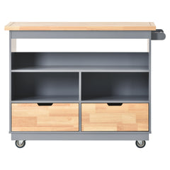 Rolling Mobile Kitchen Island with Solid Wood Top, 2 Drawers & Tableware Cabinet, Grey Blue